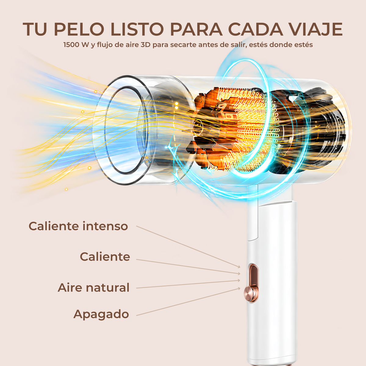 Secador de pelo iónico plegable de 1500 W para viaje